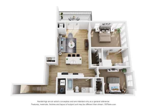 Floor Plan  A 3D floor plan of a house with a kitchen, living room, and bathroom.