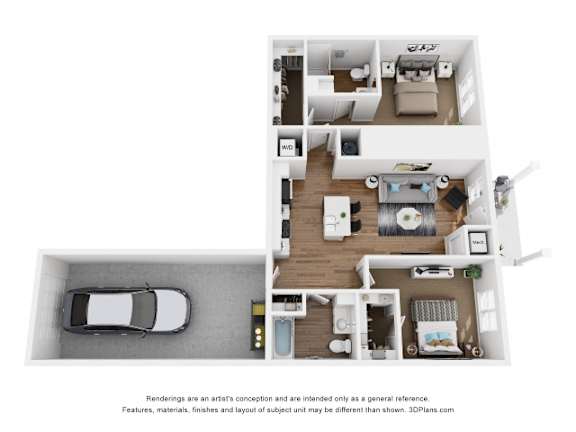 A 3D floor plan of a house with a car parked in the garage.