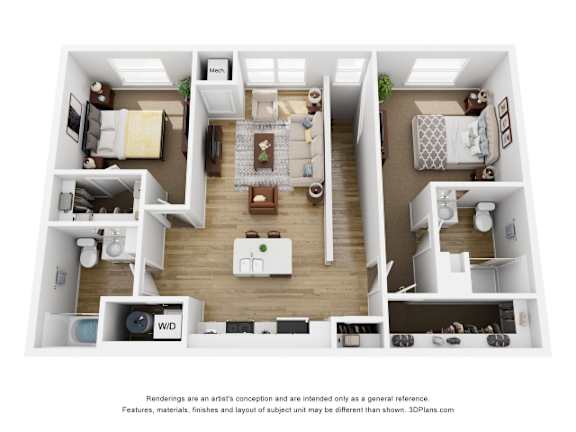 A 3D floor plan of a house with labeled rooms.