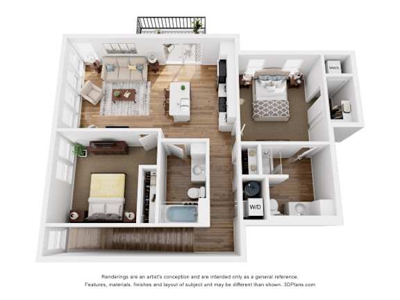 A 3D floor plan of a house with labeled rooms.