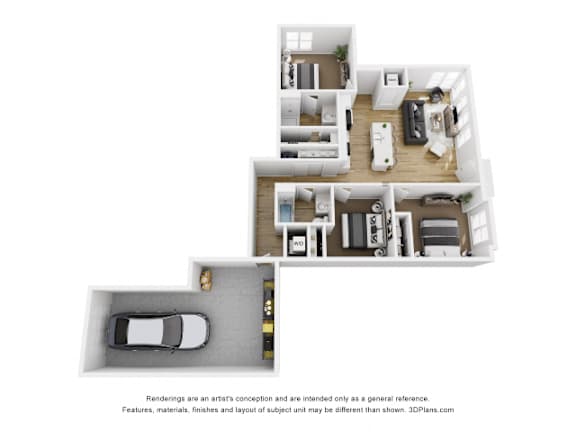 Two bedroom apartment with single car garage 3D layout at The Daniels 1 and 2 Apartments, Wisconsin, 53080
