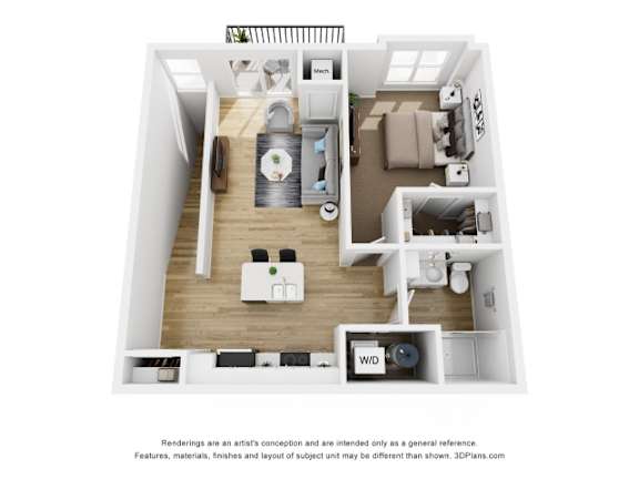 A 3D floor plan of a small apartment with a kitchen, living room, and bathroom.