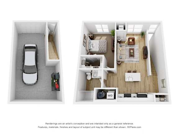A top down view of a car in a garage and a top down view of a living room and kitchen.