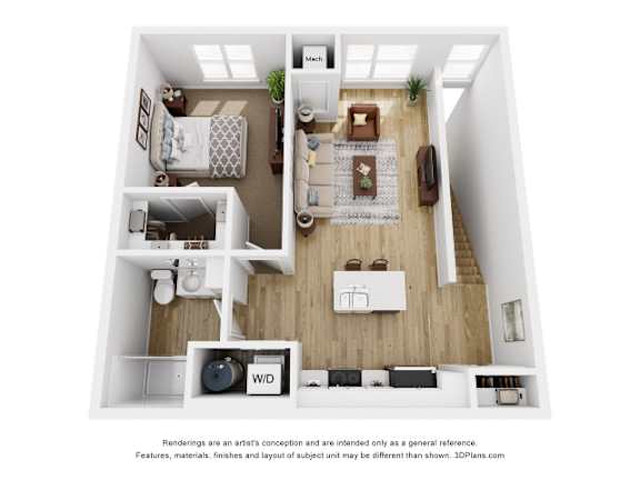 A 3D floor plan of a small apartment with a kitchen, living room, and bedroom.