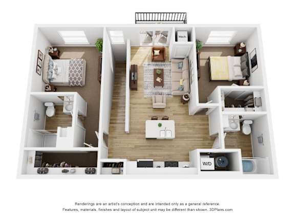 A 3D floor plan of a house with a kitchen, living room, and bathroom.