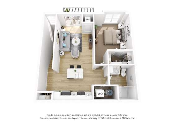 Floor Plan  A 3D floor plan of a small apartment with a kitchen, living room, and bathroom.