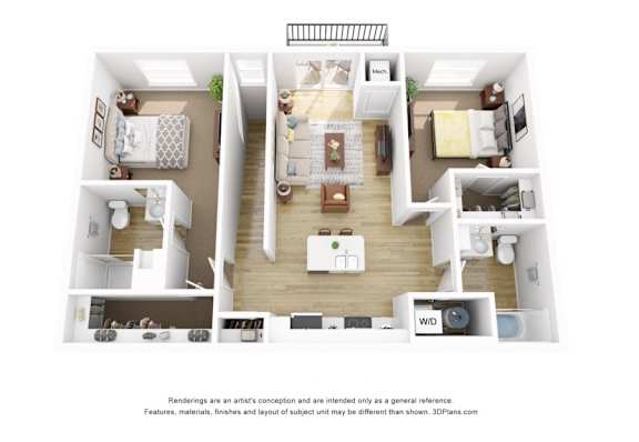 Floor Plan  A 3D floor plan of a house with a kitchen, living room, dining room, and bathroom.