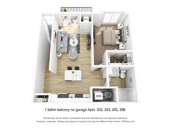 Floor Plan  One Bedroom 1 bath Upper Balcony Floor Plan at The Daniels at Northern Gateway Apartments, Saukville