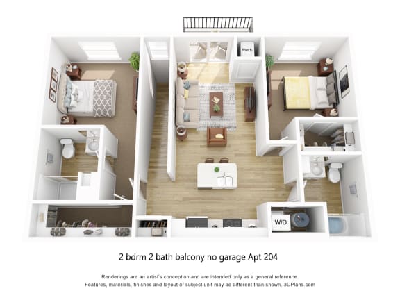 Floor Plan  Two Bed 2 bath  Upper Balcony Floor Plan at The Daniels at Northern Gateway Apartments, Saukville Wisconsin