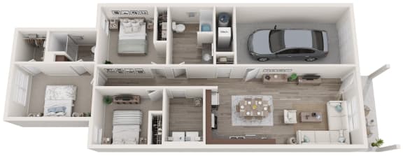 a 3d rendering of a floor plan with a car and a bedroom
