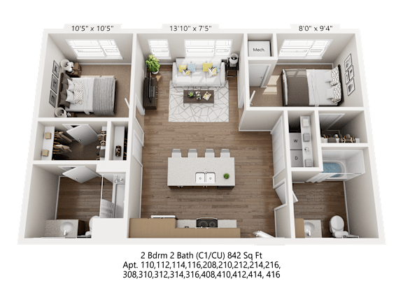 A 3D floor plan of a two-bedroom apartment with dimensions and address information.