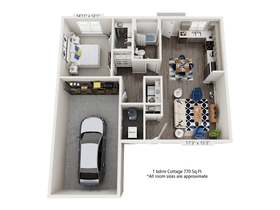 A 1 bedroom cottage is 770 square feet.
