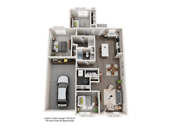 A detailed 3D floor plan of a two-bedroom, two-bathroom apartment.
