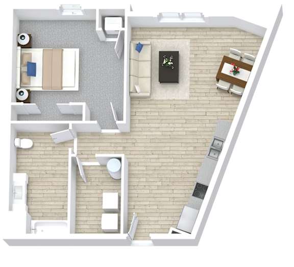 A top down view of a living room, kitchen, and dining area.