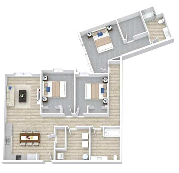 A 3D floor plan of a house with a kitchen, living room, and two bedrooms.
