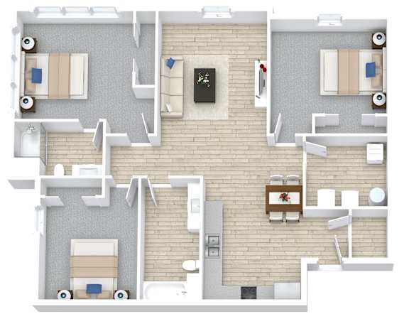 A top down view of a house layout with a kitchen, living room, and bedrooms.