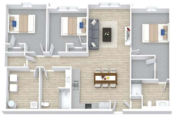 A top down view of a house with a kitchen, living room, and two bedrooms.