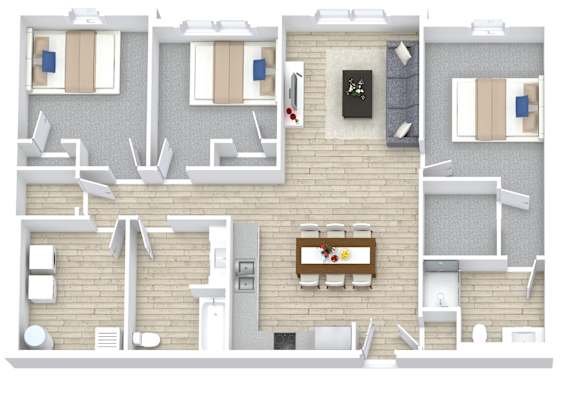 A top down view of a house with a kitchen, living room, and two bedrooms.