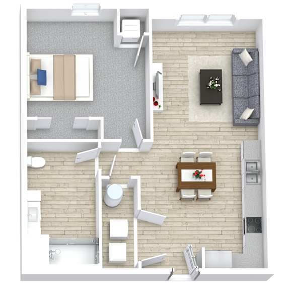 A top down view of a small apartment with a kitchen, living room, and bathroom.