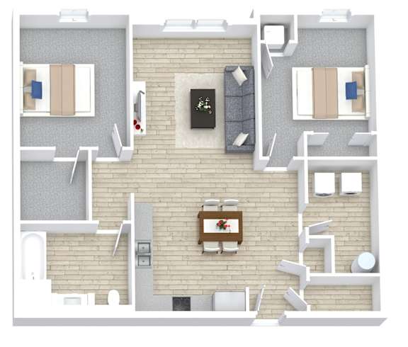 A top down view of a living room with a couch, chairs, and a coffee table.