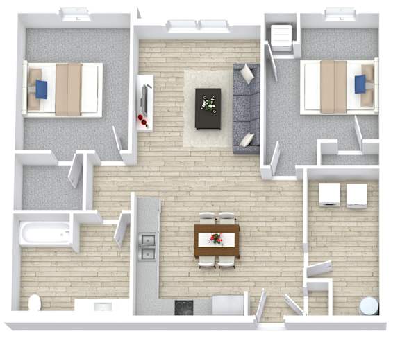 A top down view of a house interior with a kitchen, dining area, and living room.