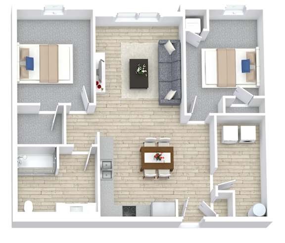 A top down view of a living room, kitchen, and dining area.