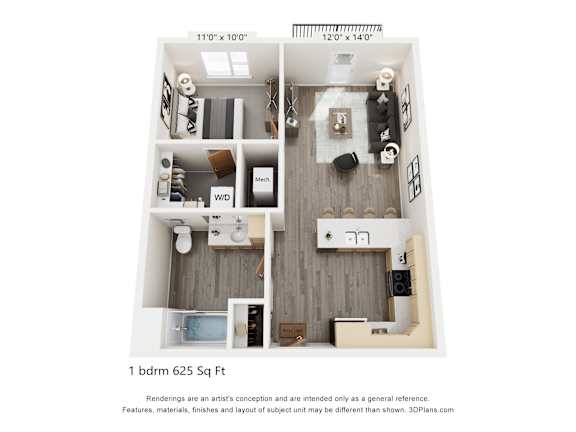A 1 bedroom 625 square foot apartment is shown in the image.