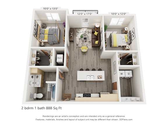 A 3D floor plan of a 2 bedroom, 1 bathroom apartment.