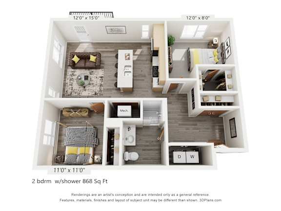 A 2 bedroom apartment with a 868 square foot area.