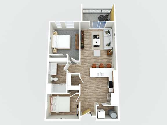 A top-down view of a small apartment with a kitchen, living room, and bedroom.