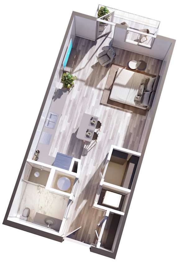 A top-down view of a modern apartment layout.