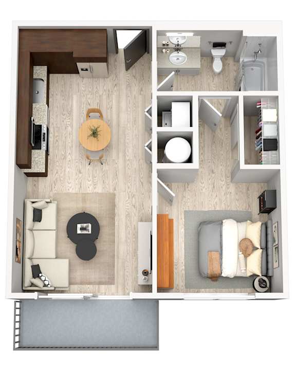 A top-down view of a small apartment with a kitchen, living room, and bathroom.