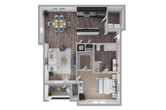 A top-down view of a small apartment with a kitchen, living room, and bathroom.