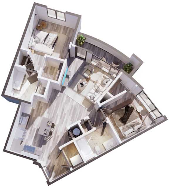 A 3D floor plan of a house with multiple rooms and a kitchen.