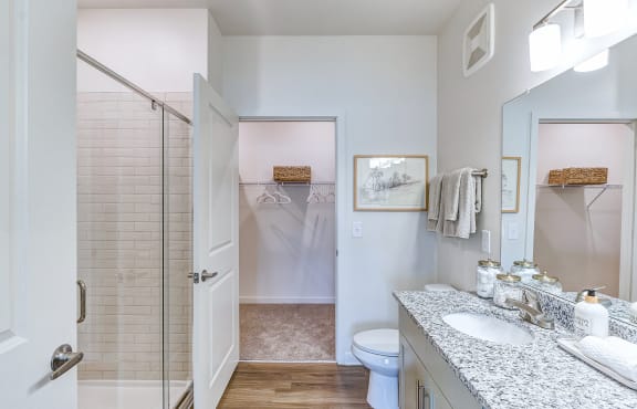 a bathroom with a shower and a sink and a toilet