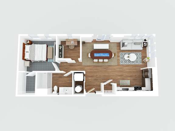 A top-down view of a small apartment with a kitchen, living room, and bathroom.
