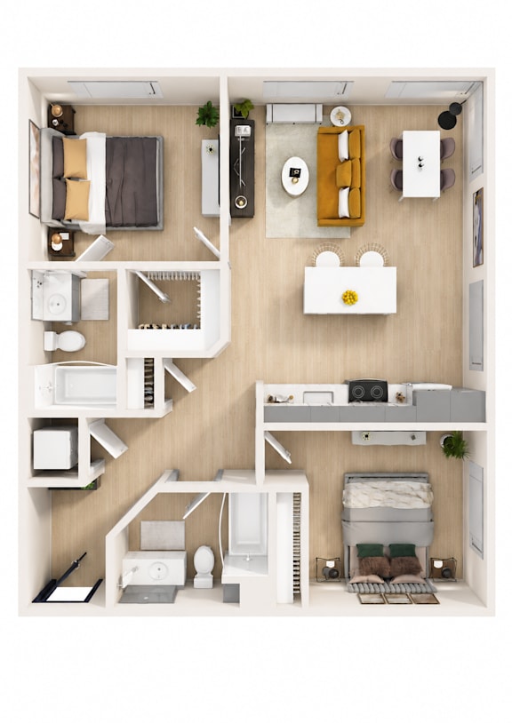 A top-down view of a small apartment with a bed, desk, and kitchenette.