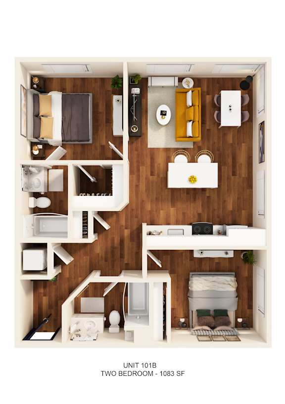 A diagram of a two bedroom apartment with 1083 square feet.