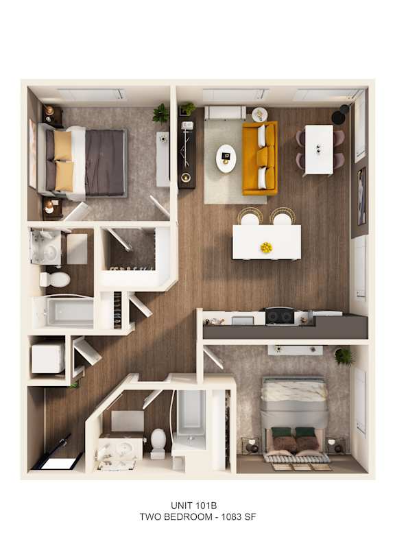A diagram of a two bedroom apartment with a living room, kitchen, and bathroom.