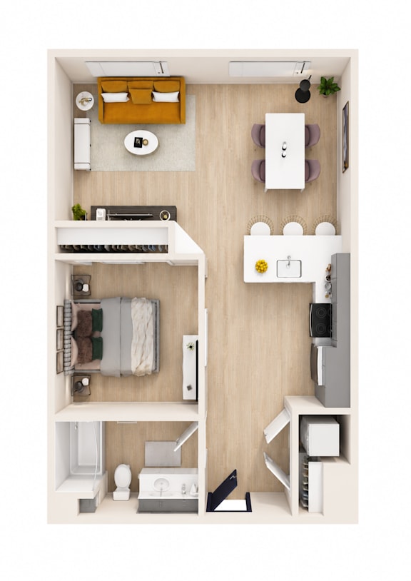 A top-down view of a small, neatly organized apartment with a bed, desk, and kitchenette.