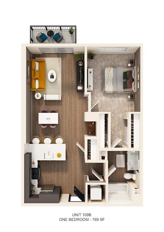 A floor plan of a one bedroom apartment with a kitchen, living room, and bathroom.