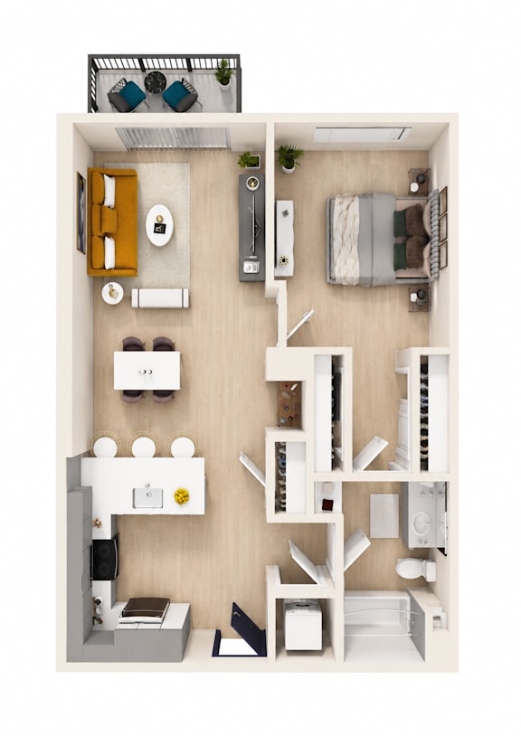 A top-down view of a small apartment with a kitchen, living room, and bedroom.