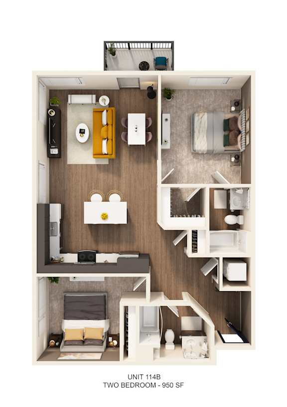 A diagram of a two bedroom apartment with a living room, kitchen, and bathroom.