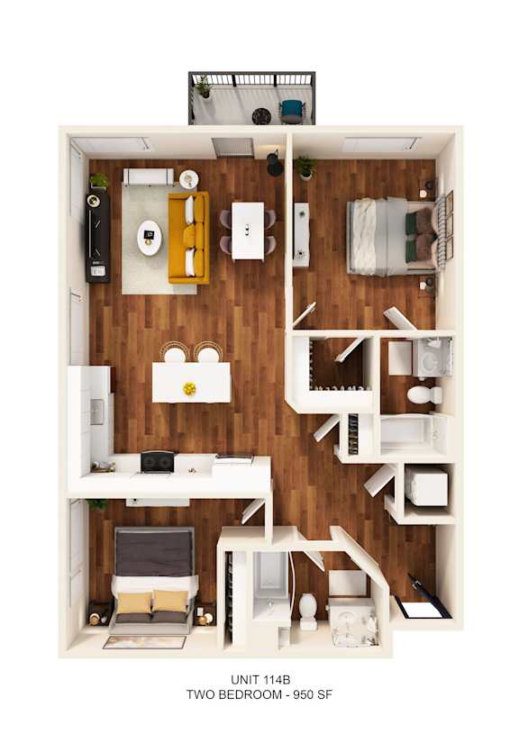 A diagram of a two bedroom apartment with a living room, kitchen, and bathroom.