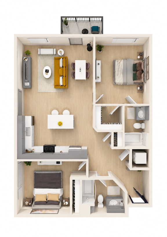 A top-down view of a small apartment with a kitchen, living room, and bedroom.
