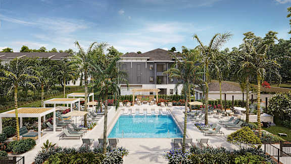 Bradenton, FL, Luxury Apartments with In-Unit Washer and Dryer - Eventide Apartments - Swimming Pool With Lounge Chairs, Shaded Cabanas, Palm Trees, and Colorful Landscaping.