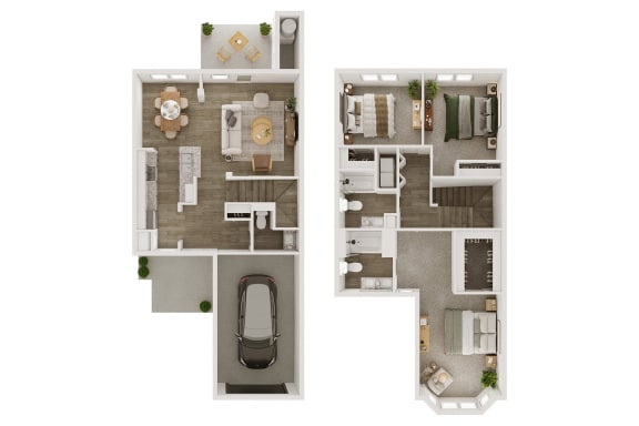 a floor plan of a house with two bedrooms and a parking lot