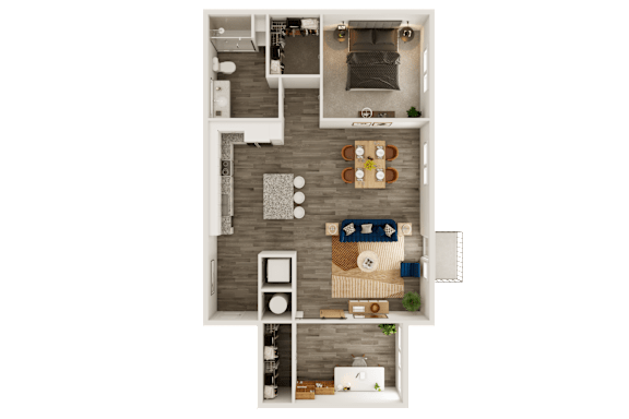 A top-down view of a small apartment layout with a kitchen, living room, and bedrooms.