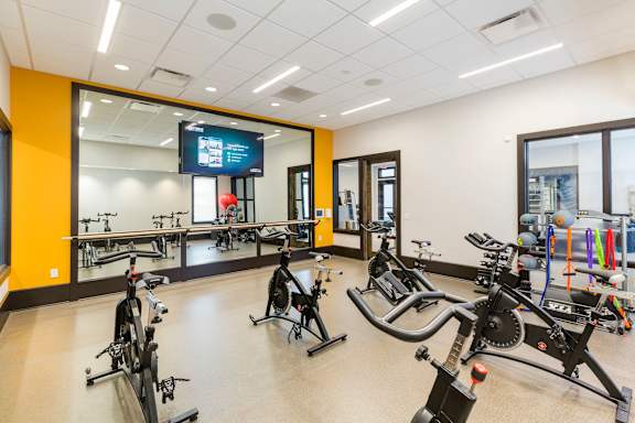 A gym with a variety of exercise bikes.