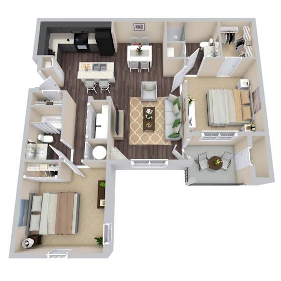 A top-down view of a house layout with a living room, dining area, kitchen, and bedrooms.
